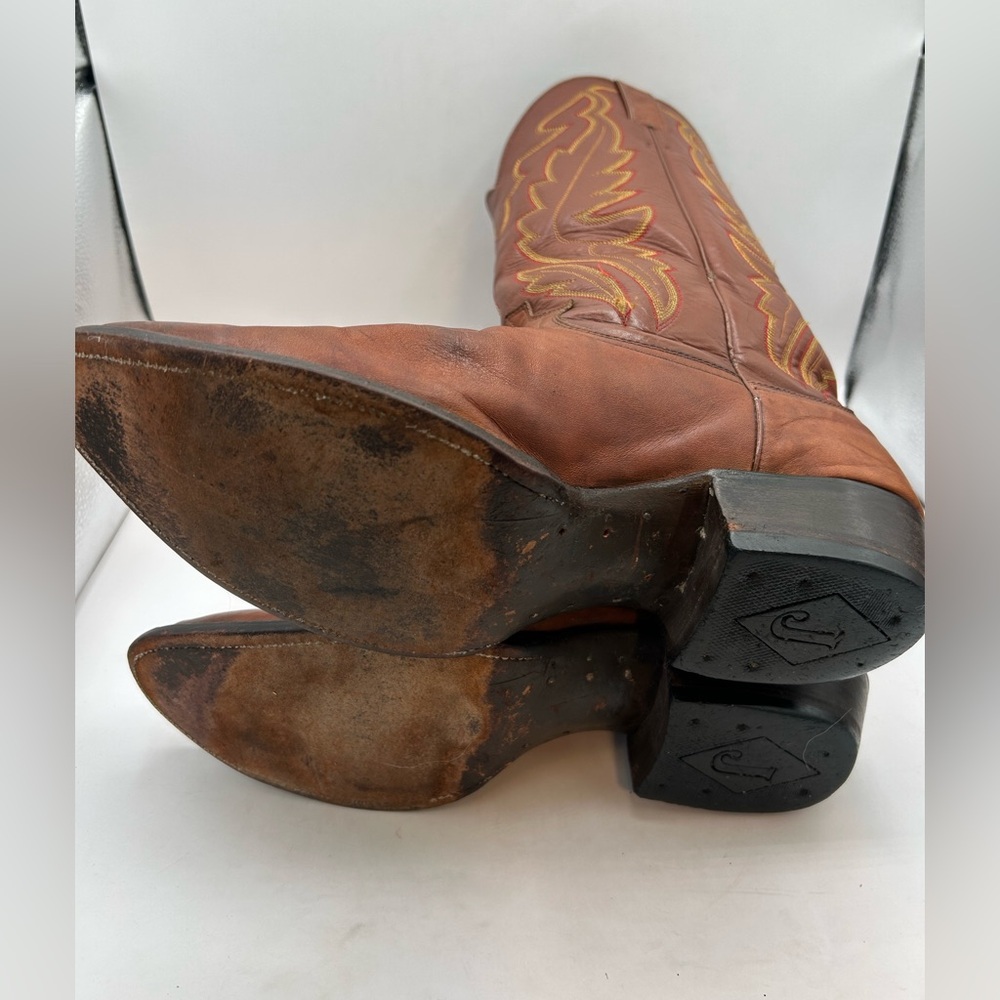 VINTAGE Diamond J JUSTIN Western Cowboy Brown Leather Boots WM’S Size US 12.5 - Picture 10 of 14